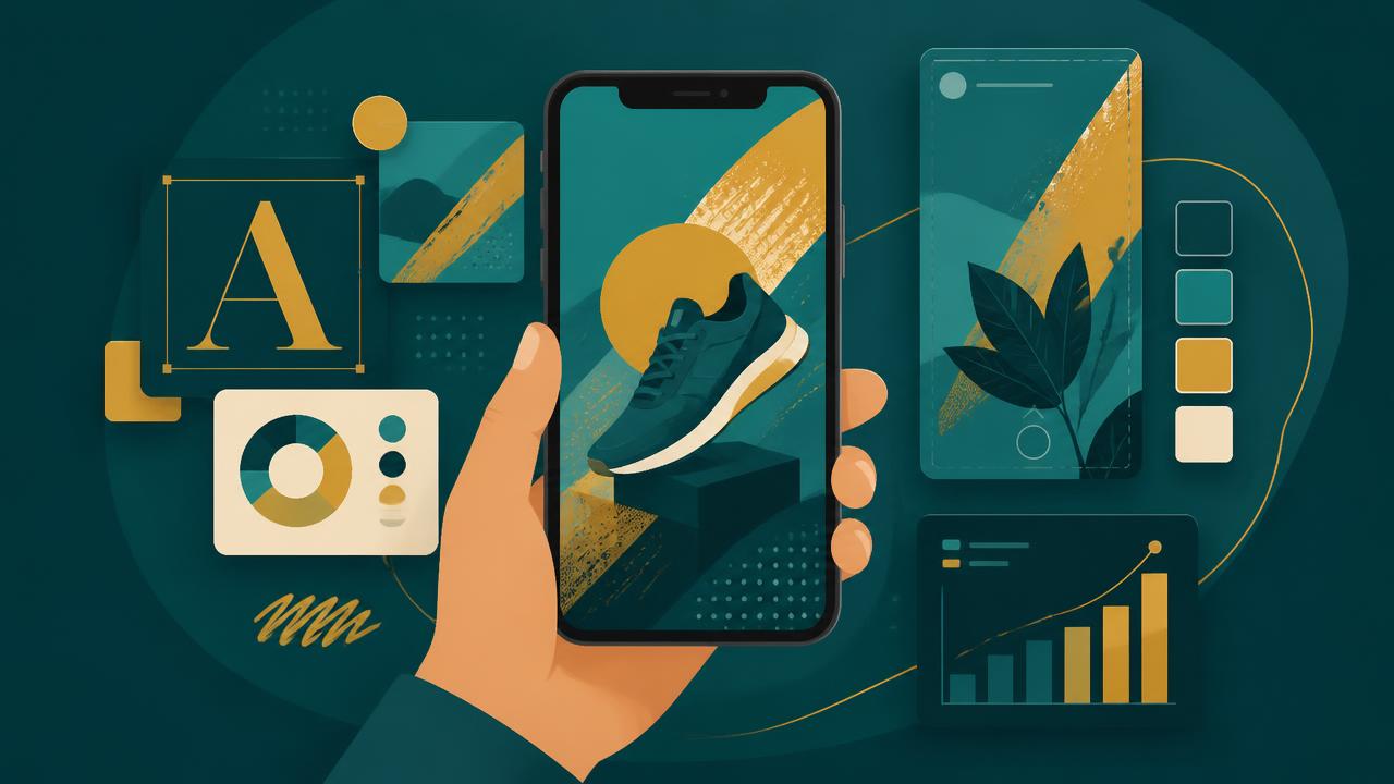 Illustration of a smartphone showing a mobile ad creative surrounded by type, colour swatches and performance charts